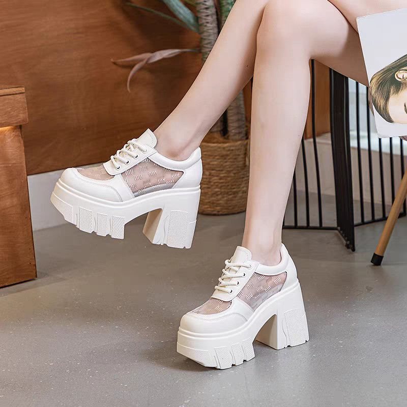 Breathable Mesh Thick-Soled High-Heeled 11cm Loafers 2026 Summer New Style Platform Breathable Leather Shoes for Women with Chunky Heels