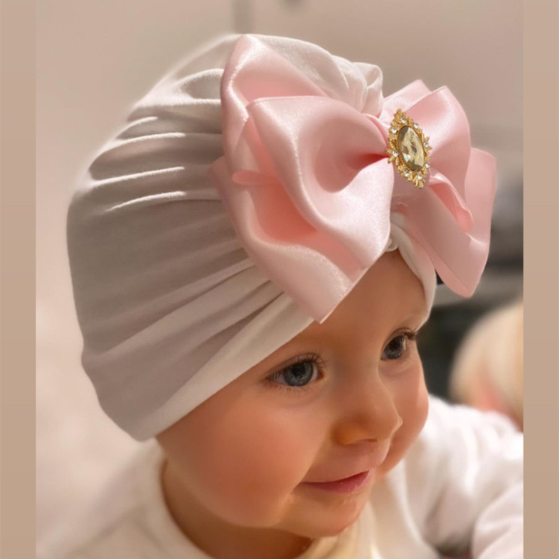 嬰兒帽子2021新款綢緞春夏嬰幼兒印度帽蝴蝶結寶寶帽子兒童帶鑽帽