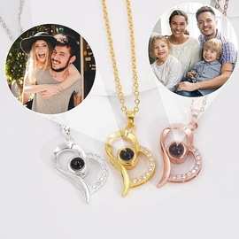 歪桃心外贸热卖100语言我爱你投影吊坠不褪色项链可图片定 制