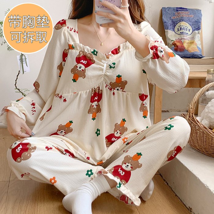 Más tamaño de manga larga pijamas de las mujeres tejidas con volantes con cuello en V Jersey de algodón de otoño e invierno dulce ropa de casa casual con el pecho pad traje