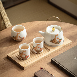 Sheep fat jade porcelain kung fu tea set with lifting beam pot cute orange cat teapot teacup one pot two cups three cups dry bubble small set