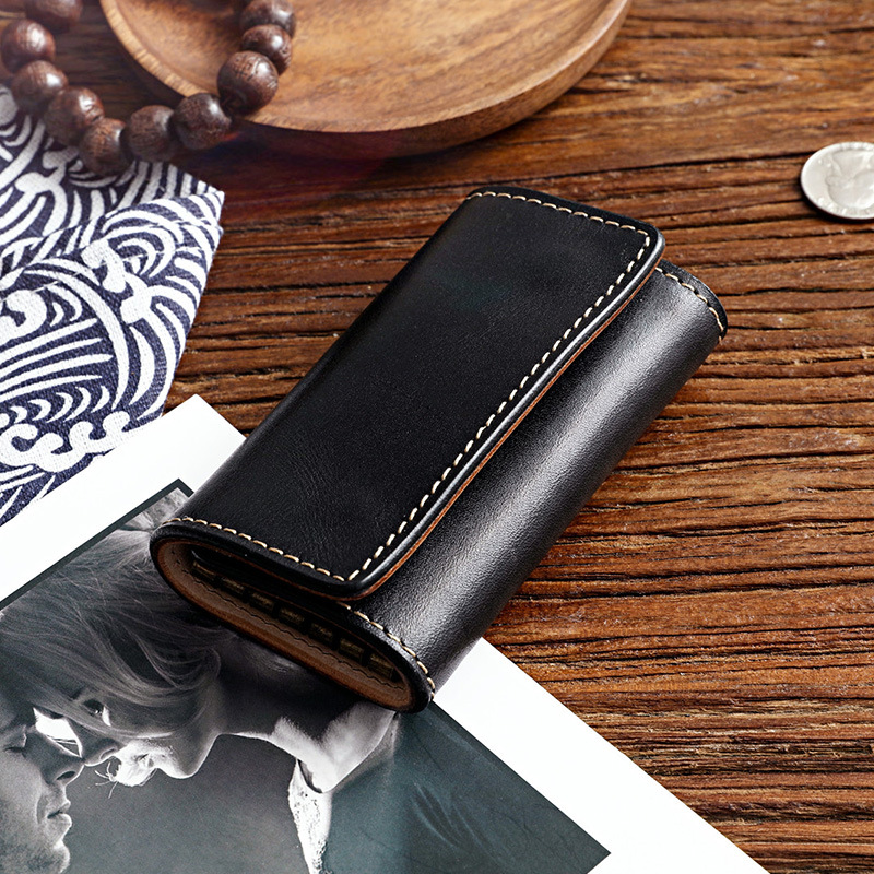 Vintage Handmade Key Chain Vegetable Tanning Top Layer Cowhide Buckle Key Case Men's Genuine Leather Card Holder Multifunctional Key Bag