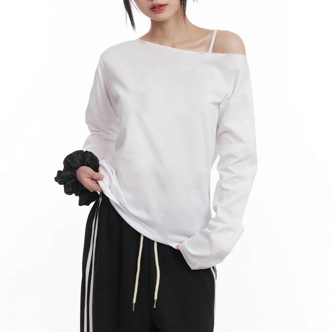 欧美跨境定制印花斜肩设计辣妹休闲宽松长袖露肩上衣