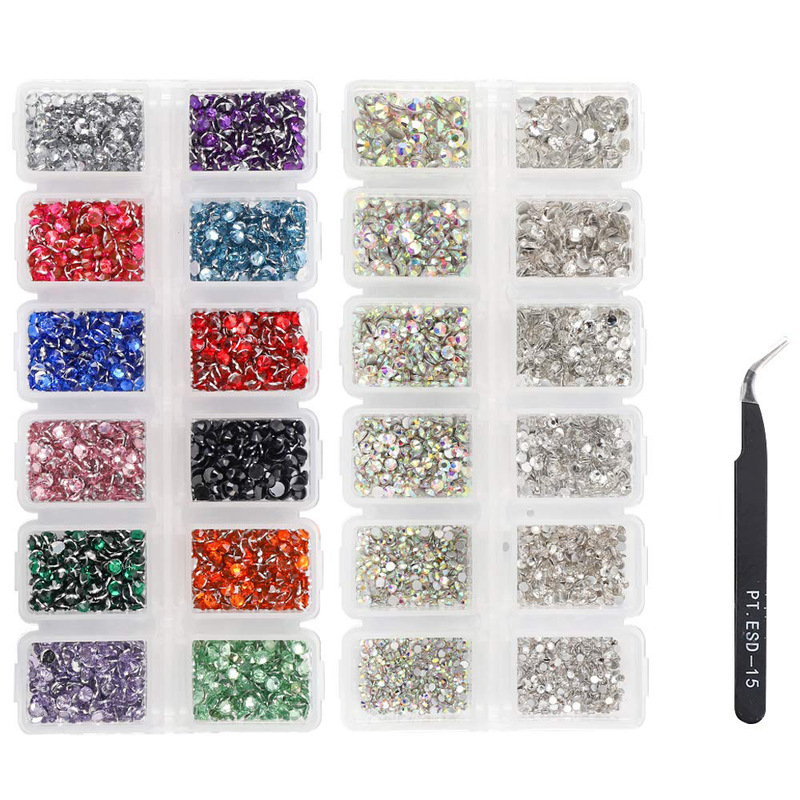 White Ab Glass Flat-Back Rhinestones, Colorful Resin Rhinestones, 12 Color Combination Set, Tweezers, Wholesale Nail Art
