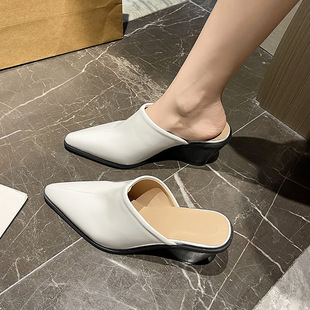 2025 New Style Baotou Half Slippers Women's Small Pointed Wedge High Heel Sandals Fashionable Outer Wear Soft Leather Lazy Muller Shoes
