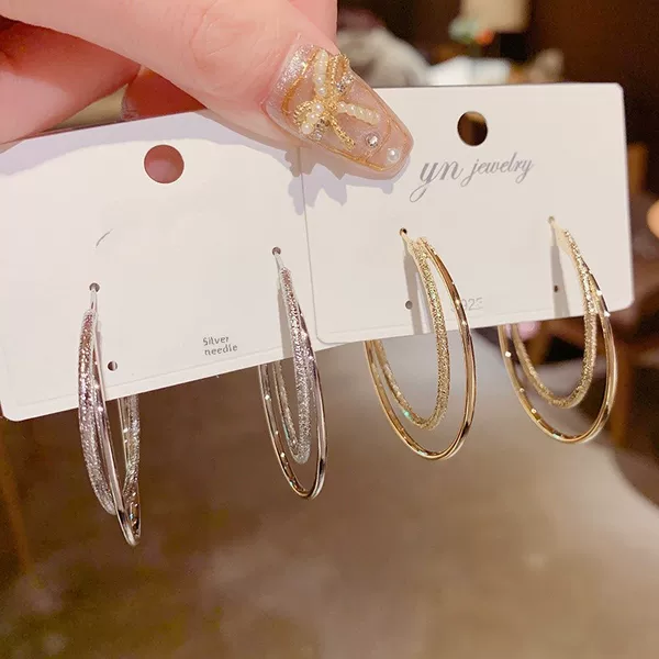 South Korea Dongdaemun s925 Silver Needle Double Layer Metal Big Ear Ring Internet Celebrity Fashion Personality Exaggerated Elegant Vintage Earrings