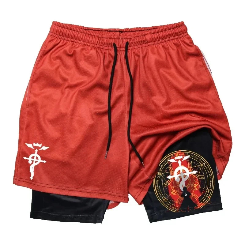 Anime Steel Alchemist Gym Workout Shorts Men's 2 in 1 Compression Shorts with Pocket 5 Inch