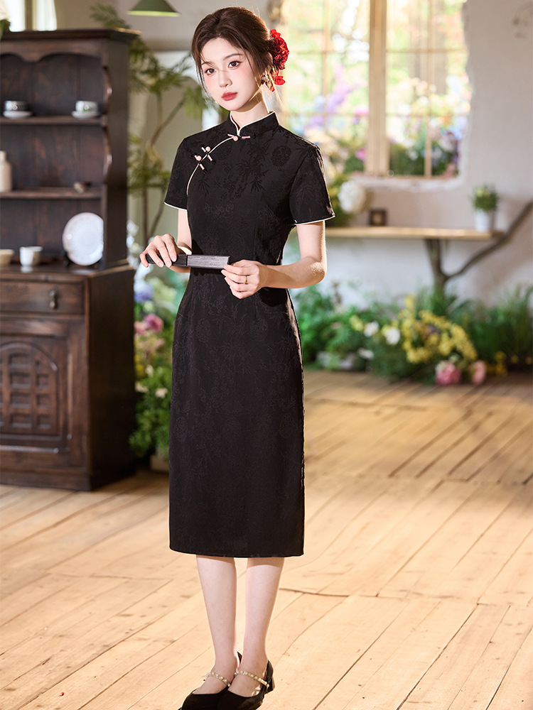 Black long lightweight elegant retro summer cheongsam
