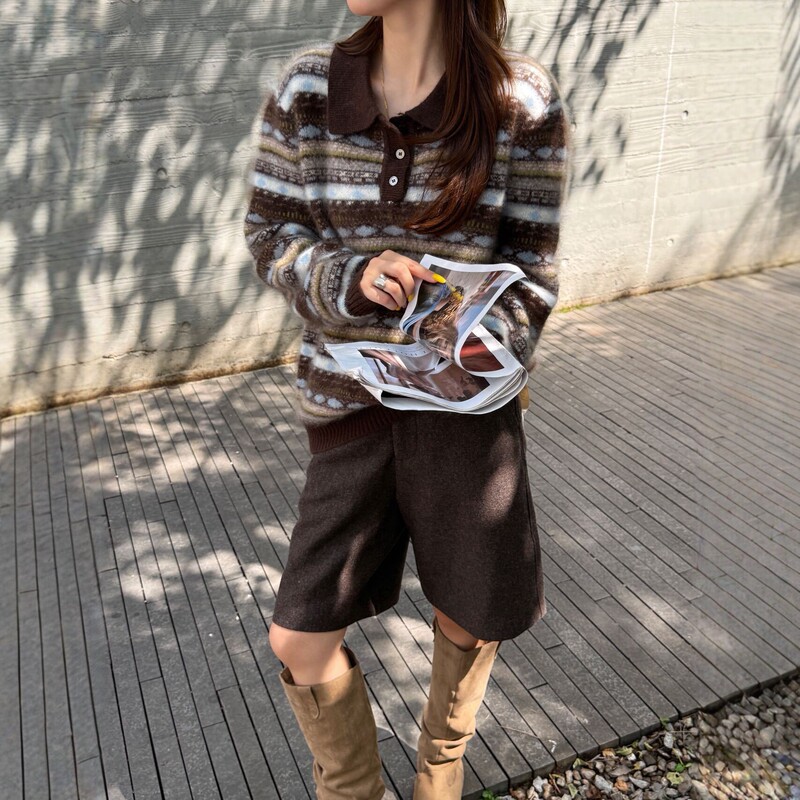 Wool and cashmere brushed jacquard polo collar women's warm autumn and winter retro striped wool sweater loose top 26 new