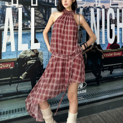 クロスボーダーヨーロッパとアメリカンスタイルの2025新しい夏の女性の非対称スカートデザインスリムホルターネックチェック柄ドレス