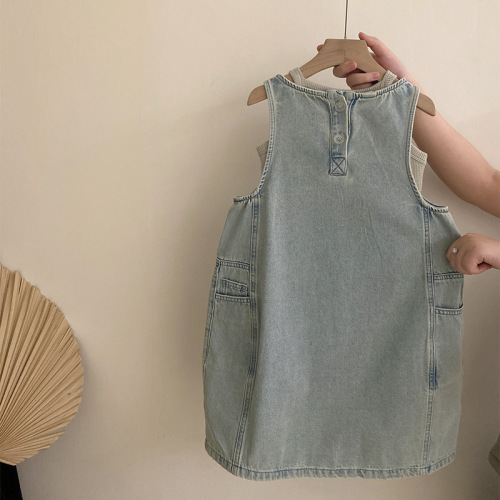 Girls' new summer versatile cute solid color vest 2025 trendy and fashionable denim vest dress two-piece set