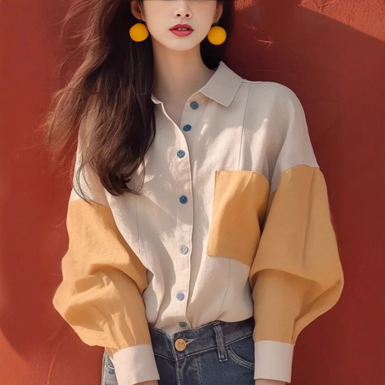 Early Autumn New Popular Shirt Niche Unique Chic Foreign Style Korean Style Gentle Style Apricot Color Splicing Long-Sleeved Top for Women