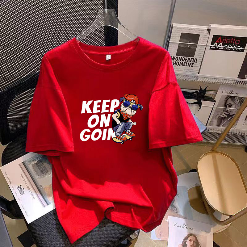 Men's Round Neck Short-sleeved T-shirt Cool Red Casual Comfortable Couple's Slim-fit Simple All-match Trendy Ins Top