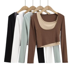 美式INS春秋款不規則撞色吊帶兩件套女大U領純色修身長袖T恤批發