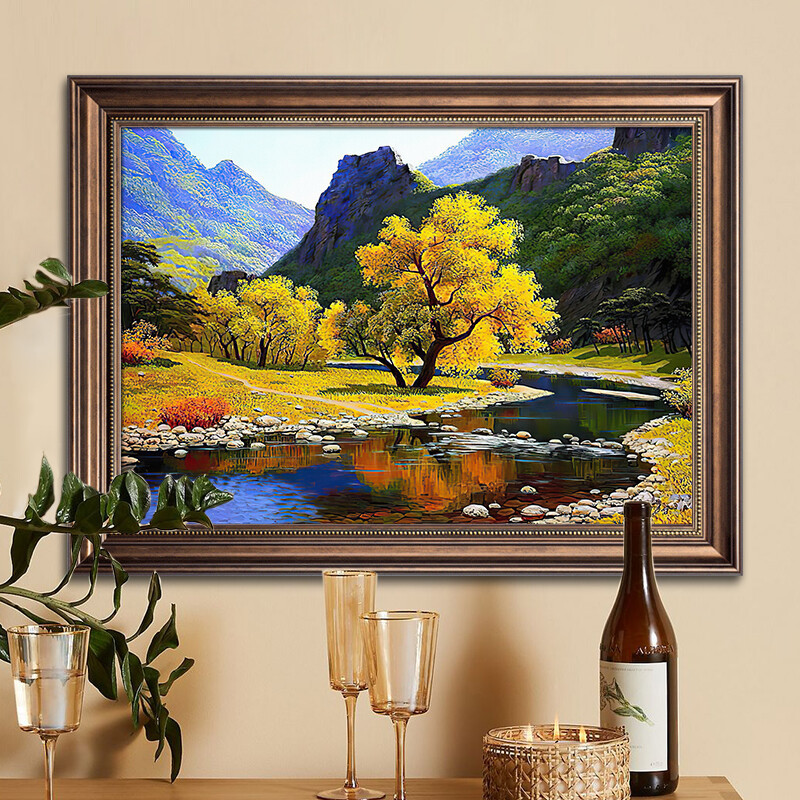 美式客廳風景流水生財壁畫聚寶盆客廳裝飾畫世界名畫玄關走廊掛畫