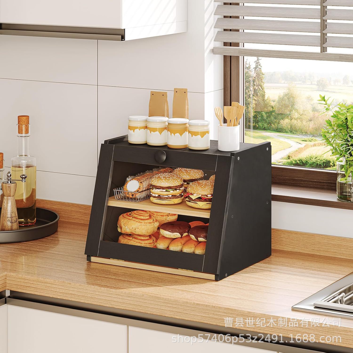 Wooden double-layer bread storage box kitchen desktop condiment storage box counter snack dessert solid wood bread box