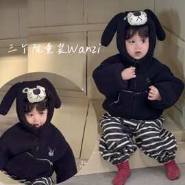 儿童冬款新款韩版可爱卡通小狗加绒连帽外套休闲条纹束脚裤套装潮