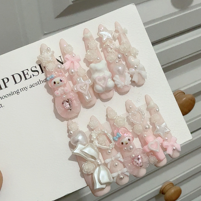 "Pink Melody" Cute Lace-Style Hot Girl Handmade Wearable Nails Japanese Style Removable Nail Art "Pink Melody" Cute Lace-Style Hot Girl Handmade Wearable Nails Japanese Style Removable Nail Art