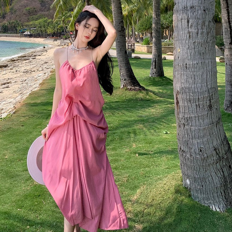 Pink Backless Halterneck Suspender Dress for Women French Summer Tea Break Beautiful French Sexy Vacation Beach Long Dress