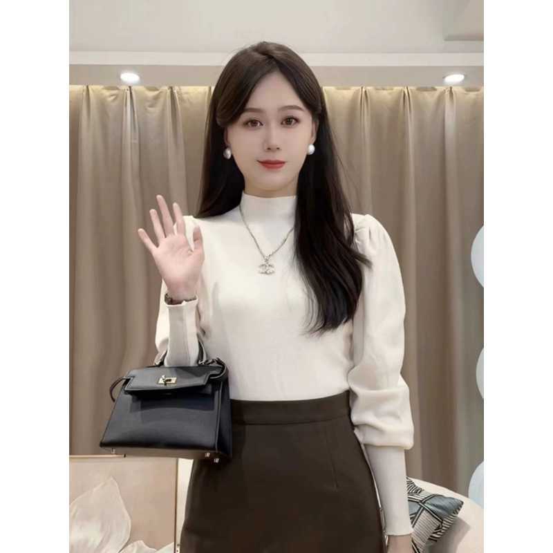 Puff-sleeve base layer for women, spring, autumn, and winter 2026 new style, high-neck pullover, fashionable inner wear, can be worn as an outer layer, knitted top