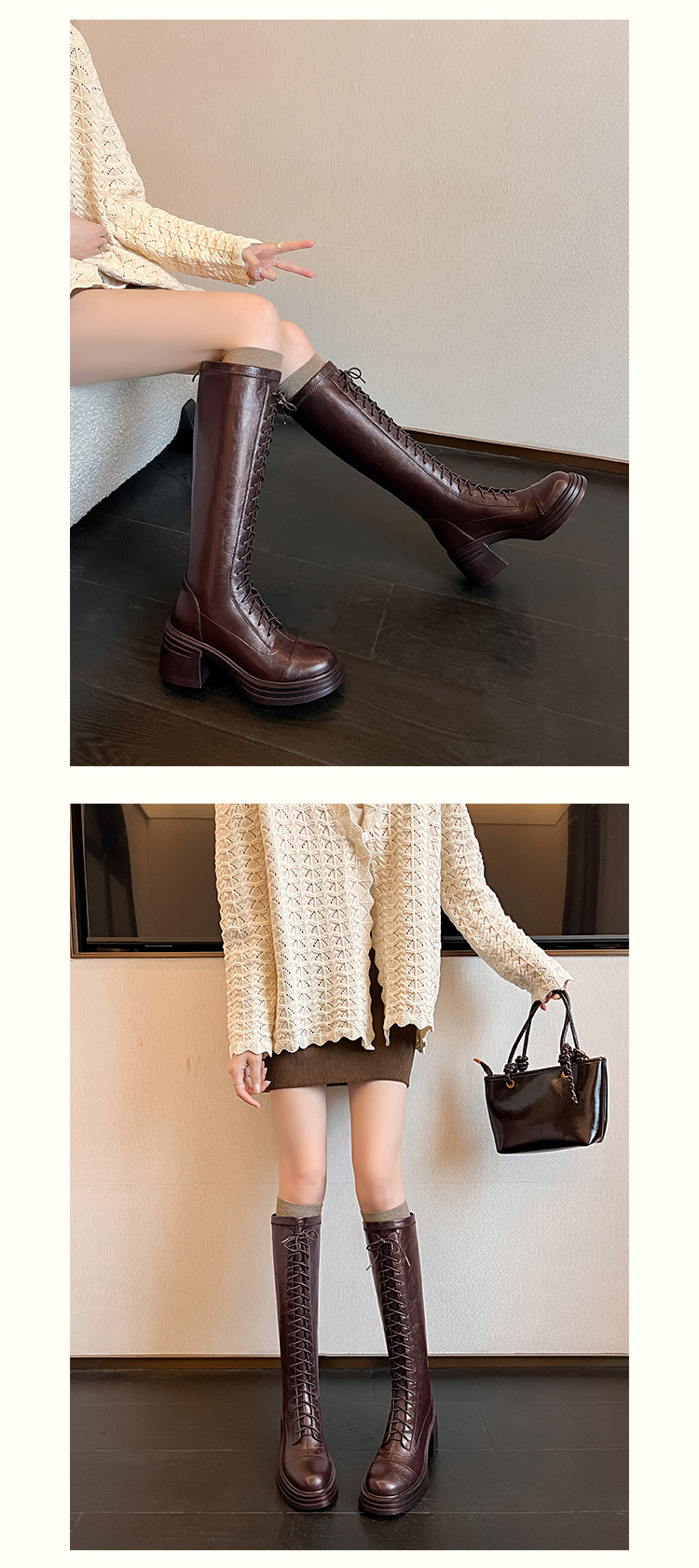Boot nữ cổ cao ôm bắp chân đế dày dây buộc phong cách kỵ sĩ — Da lộn đen chi tiết 18