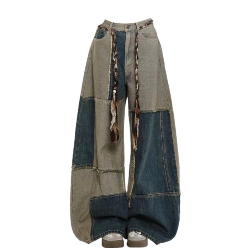 Trendy Retro Japanese-Style Men's Jeans with Patchwork and Color-Blocking Design, American-Style Straight-Leg Jeans with Drawstring, Cotton Trendy Retro Japanese-Style Men's Jeans with Patchwork and Color-Blocking Design, American-Style Straight-Leg Jeans with Drawstring, Cotton