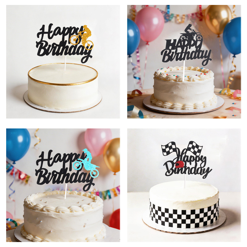 Bicycle-Themed Cake Toppers, Holiday Birthday Racing Decorations, Black Motorcycle Dessert Table Setup