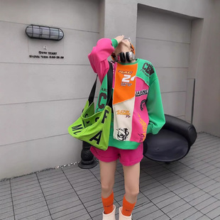 Autumn New Contrast Color Stitching Design Sense Letter Printing plus size Loose Casual Lazy Style Sweat Women's Top
