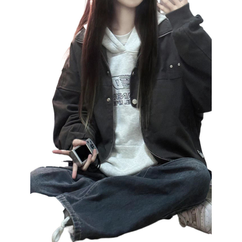 工装外套女秋季2025新款美式复古休闲宽松纯色男女款飞行夹克上衣|undefined