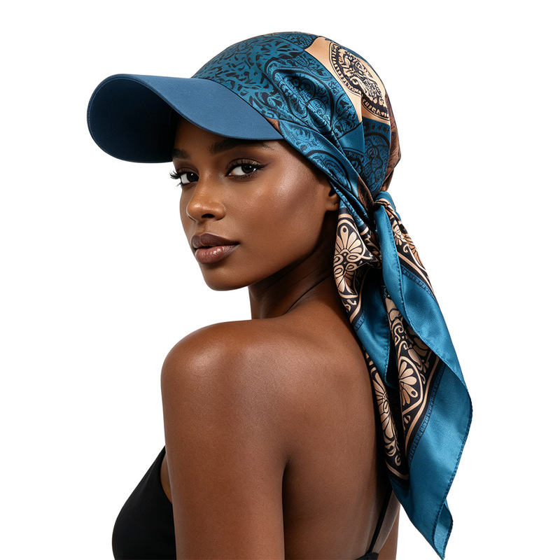 New Fashionable Silk Scarf Satin Printed Square Scarf Hat Outdoor Sunshade Sun Protection Tie-On Baseball Cap Printed Head Wrap Hat