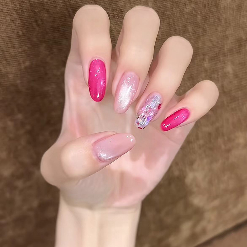 Handmade long-lasting press-on nails with a high-end feel, sparkling and delicate, in a bright pink color that enhances skin tone, detachable patches, popular fake nails Handmade long-lasting press-on nails with a high-end feel, sparkling and delicate, in a bright pink color that enhances skin tone, detachable patches, popular fake nails