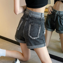 卷边设计牛仔短裤女高腰撞色夏季新款2025毛边显瘦宽松阔腿热裤