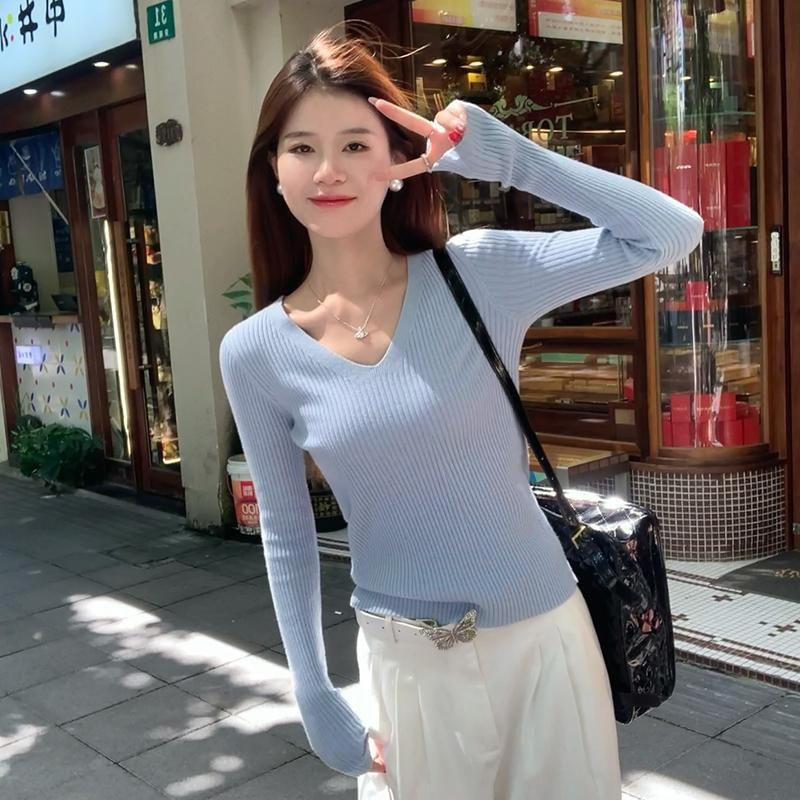 白色v领针织衫毛衣女秋冬高级感2025新款修身长袖内搭打底衫上衣|undefined