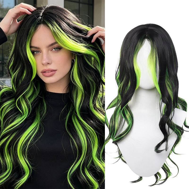 Cross-border wig with large waves and black-green highlights 28inch long curly hair Christmas punk rock wig Halloween wig Cross-border wig with large waves and black-green highlights 28inch long curly hair Christmas punk rock wig Halloween wig