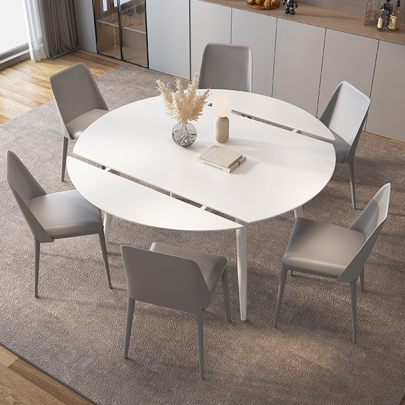 Mezcla de mesa redonda de tabla de roca blanca pura con viento crema plegable telescópico para sala de estar doméstica pequeña mesa de comedor y silla