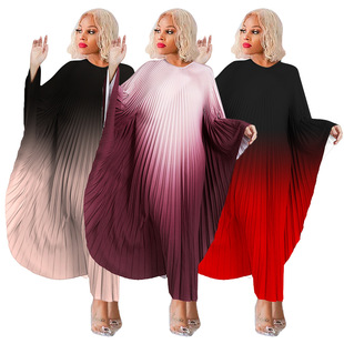 N7933 Amazon plus size Women's Wear European and American Cross-border Supply Bat Sleeve Gradient Pleated dress 2023 New