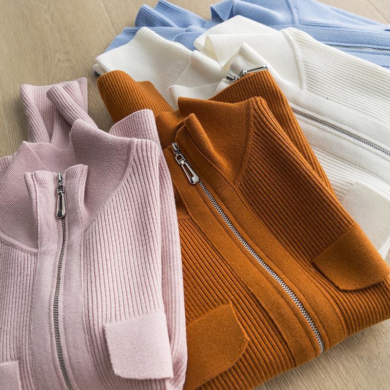 Design Sense Wool Double Zip Cardigan Short Fashionable All-match Threaded Slim-fit Slim-fit Sweater Jacket