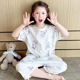 中大童连体睡衣夏季五分袖防着凉女童家居服短袖宝宝空调薄款睡袋