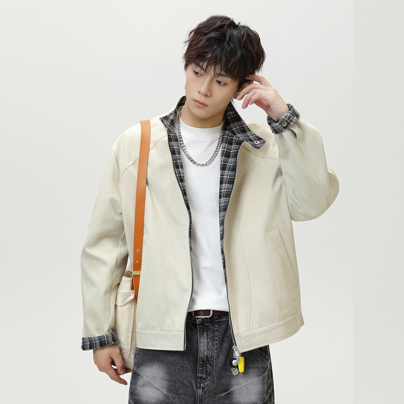 复古格纹哈灵顿夹克秋季新款拼接设计立领宽松短宽廓形潮牌外套q 复古格纹哈灵顿夹克秋季新款拼接设计立领宽松短宽廓形潮牌外套q