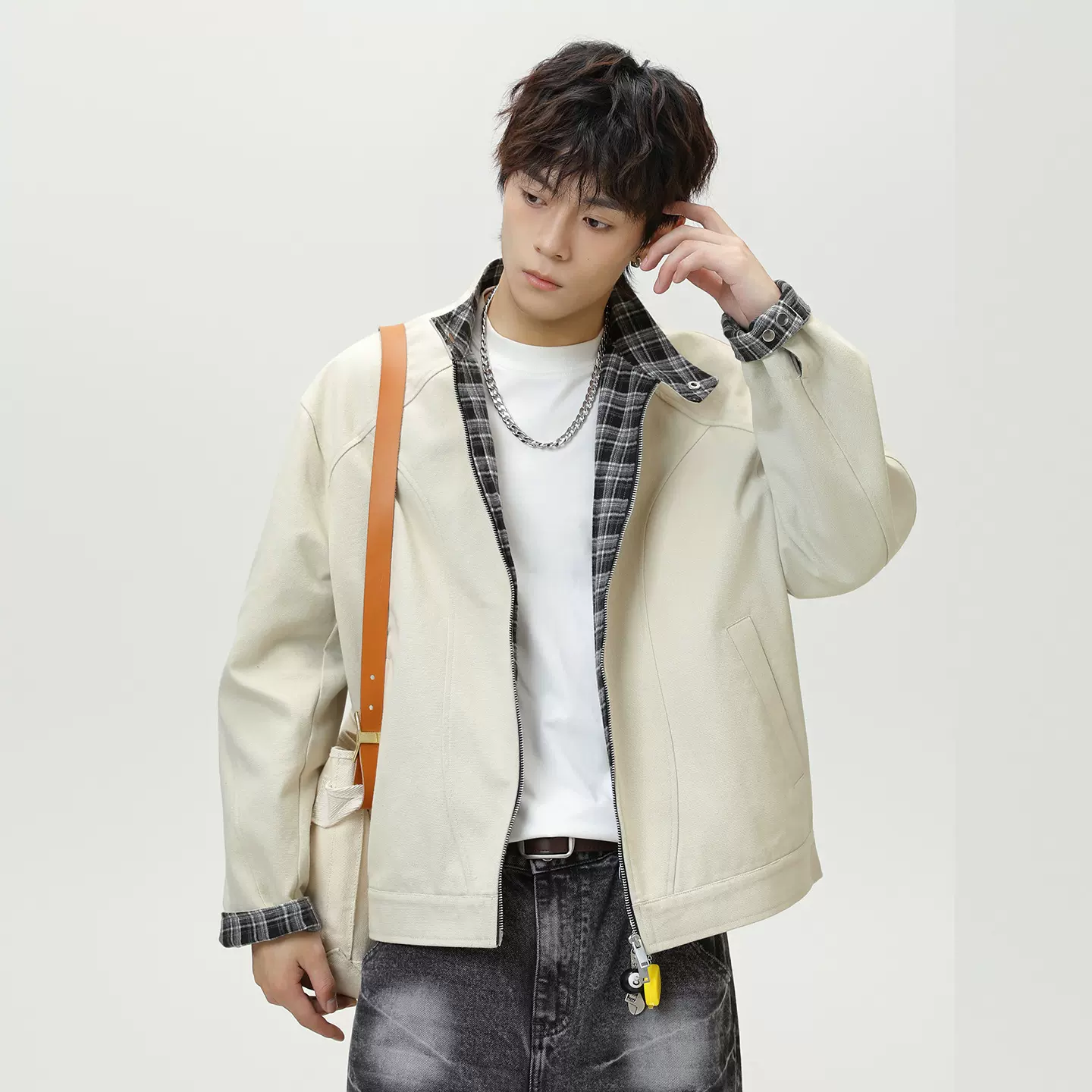 复古格纹哈灵顿夹克秋季新款拼接设计立领宽松短宽廓形潮牌外套q