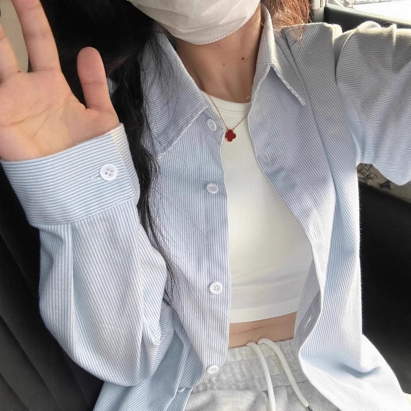 Blue and White Contrasting Lazy Style Striped Shirt for Women Summer Loose Korean Long-Sleeved Layered Shirt Sun Protection Thin Jacket Blue and White Contrasting Lazy Style Striped Shirt for Women Summer Loose Korean Long-Sleeved Layered Shirt Sun Protection Thin Jacket