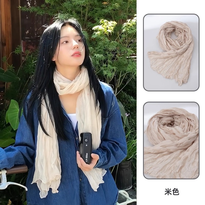 女性用レトロコットンとリネンスカーフ、春と夏、薄い、芸術的なブラウン、ヴィンテージ、プリーツ、日焼け止め、ストリップシルクスカーフ、ネック周りの雰囲気|undefined