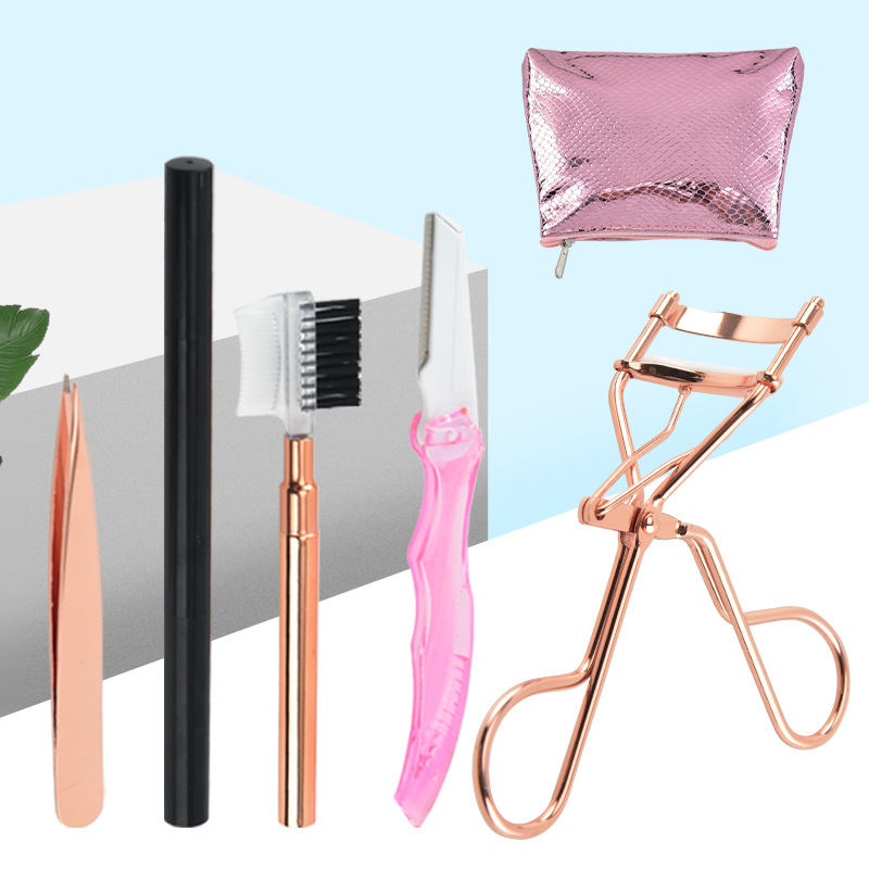 5-piece set of eyebrow, eye, and eyelash curlers, curling beauty tools, pink zipper bag, portable eyelash curlers