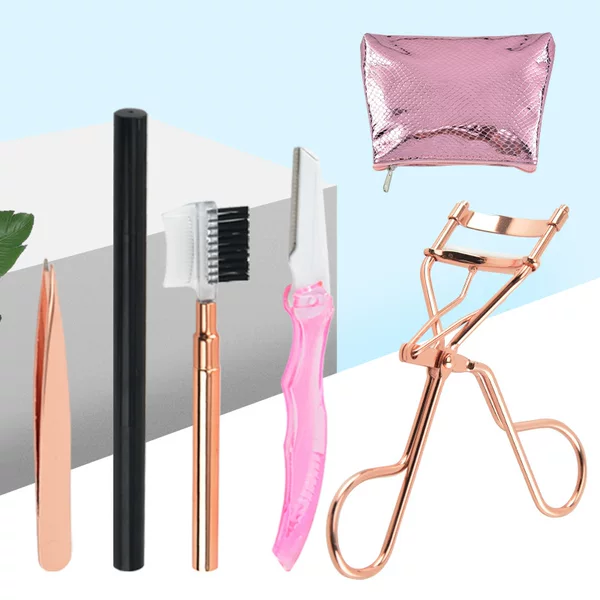 5-piece set of eyebrow, eye, and eyelash curlers, curling beauty tools, pink zipper bag, portable eyelash curlers