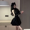 Hanging neck backless sleeves bow tie short skirt tight fitting waisted dress for women