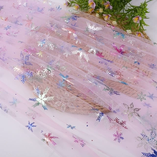 小量定制新款七彩雪花烫金网纱面料幻彩大雪花网眼布烫金童装面料