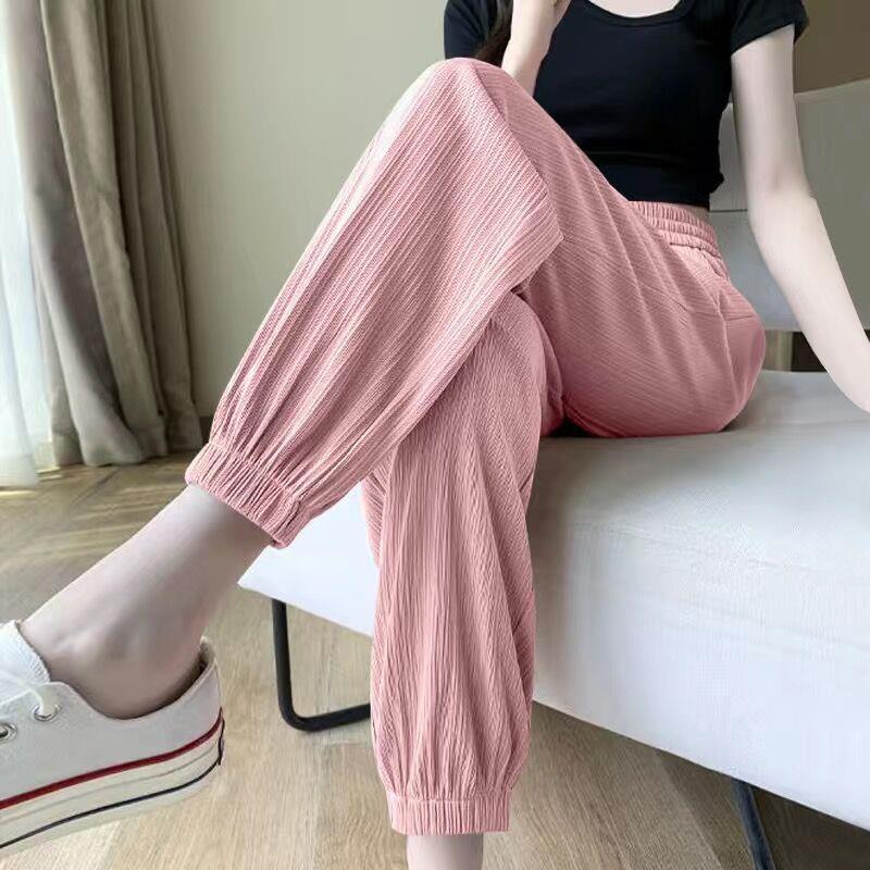 【原版百褶条】冰丝运动裤女2025夏季薄款新款粉色束脚显瘦垂感休