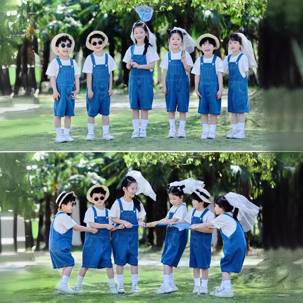Kindergarten graduation season photo shoot class uniform, pure cotton white T-shirt short-sleeved denim overalls set performance costume