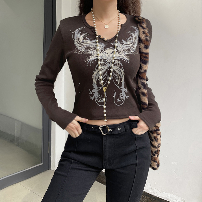 print long sleeve hot Drill V-neck Short T-Shirt NSGWY123153