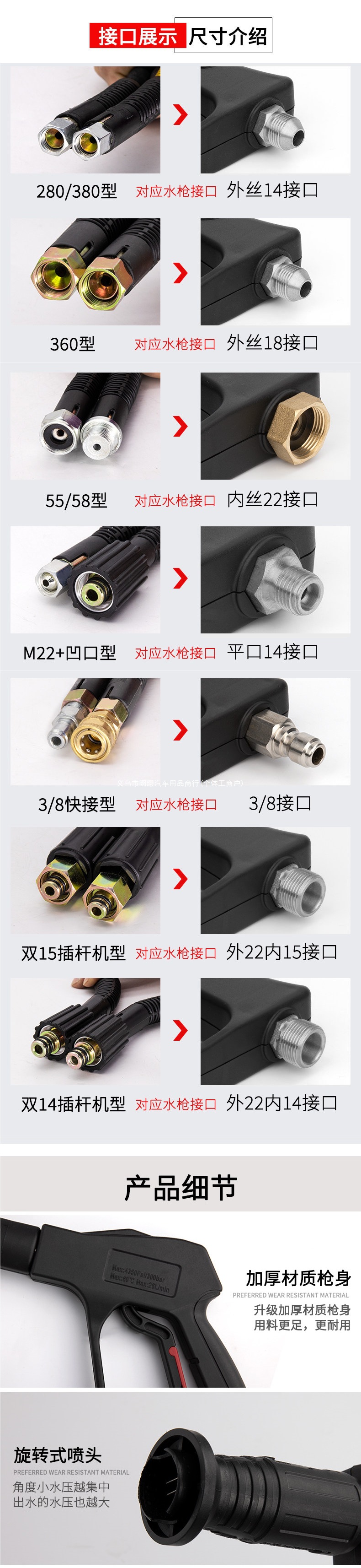High-pressure water gun head for car wash machine, 380 black cat cleaning machine nozzle, spray gun, car washing pump, compatible with Man